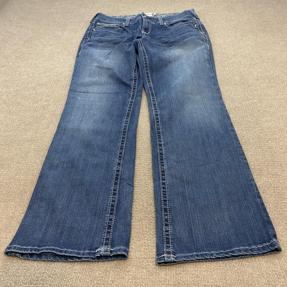 Ariat REAL Trouser Wide Leg Jeans Women 33 R Blue Med Wash Mid Rise Western Boho